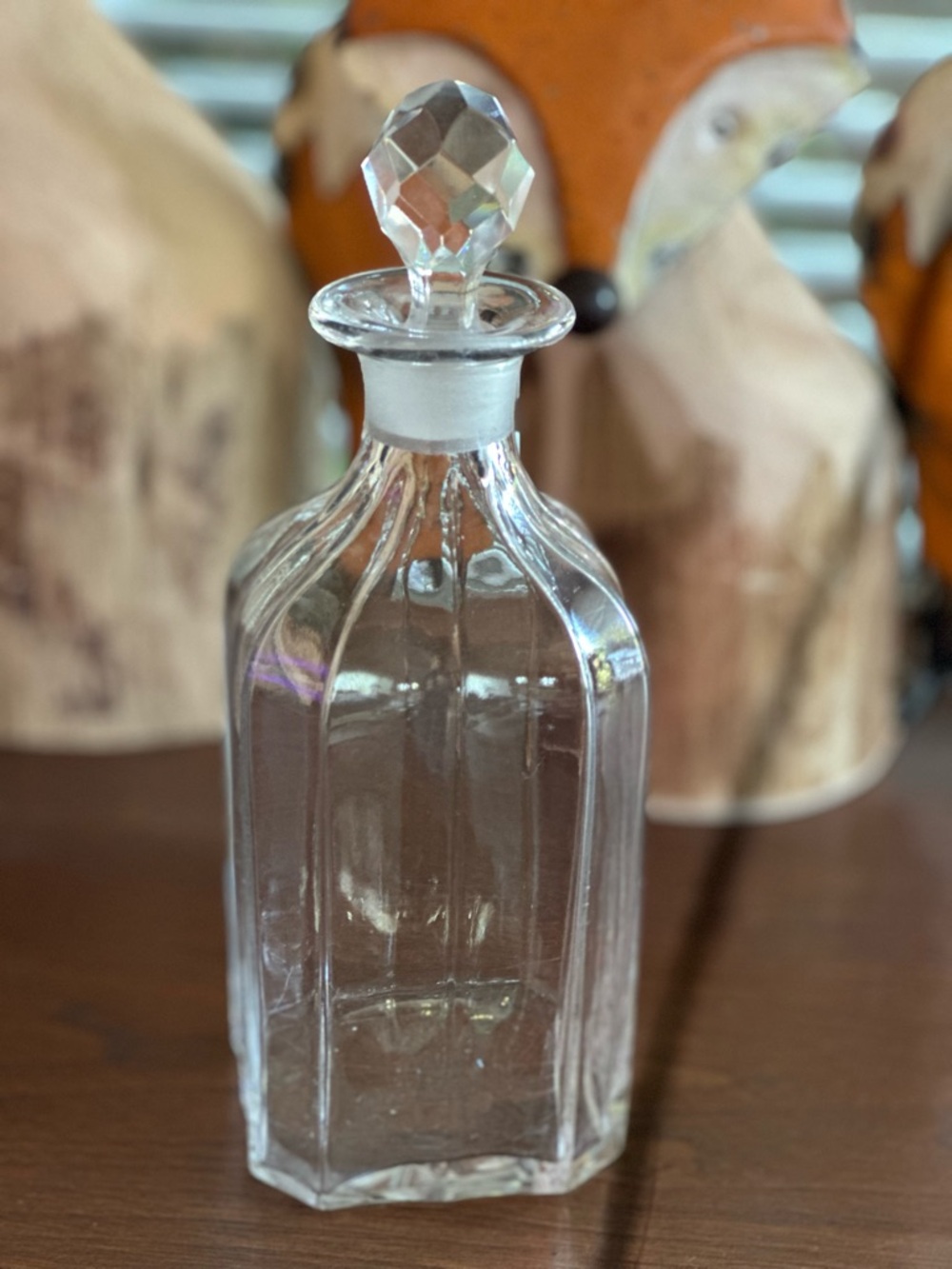 Clear Glass Liquor Bottle with Faceted Stopper